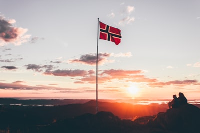 挪威国旗站在悬崖
